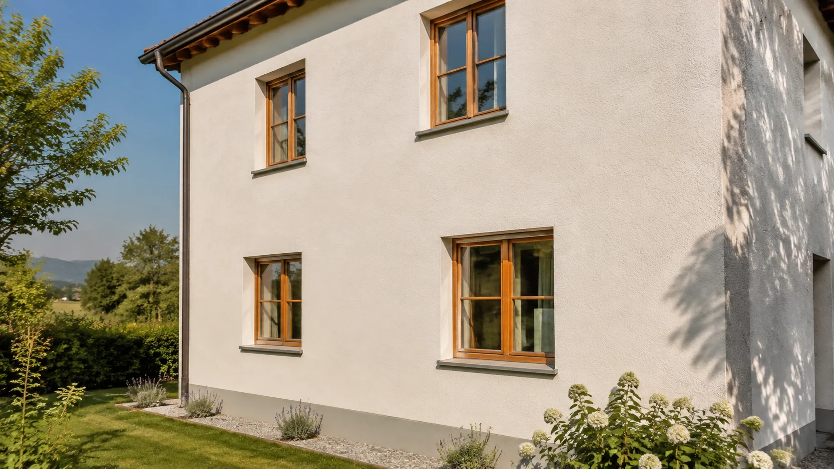 Helle verputzte Aussenwand mit Holzfenstern — KI-Visualisierung