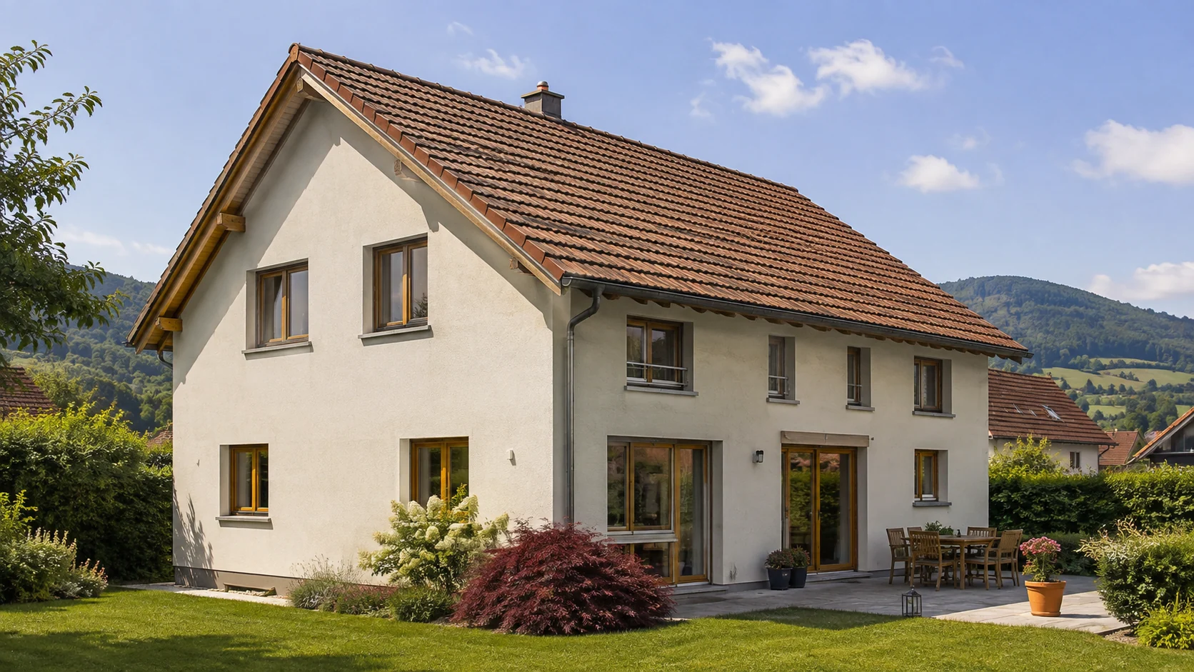 Haus mit Ziegeldach und heller Fassade — KI-Visualisierung