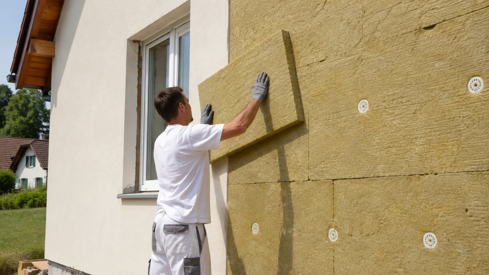 Anbringen einer Mineralwollplatte an einer Aussenwand — KI-Visualisierung