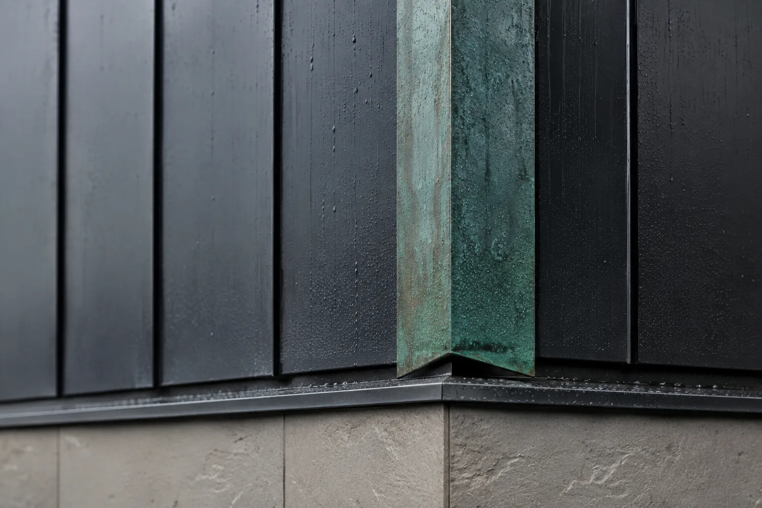Detail einer regennassen Metallfassade mit patinierter Falzkante