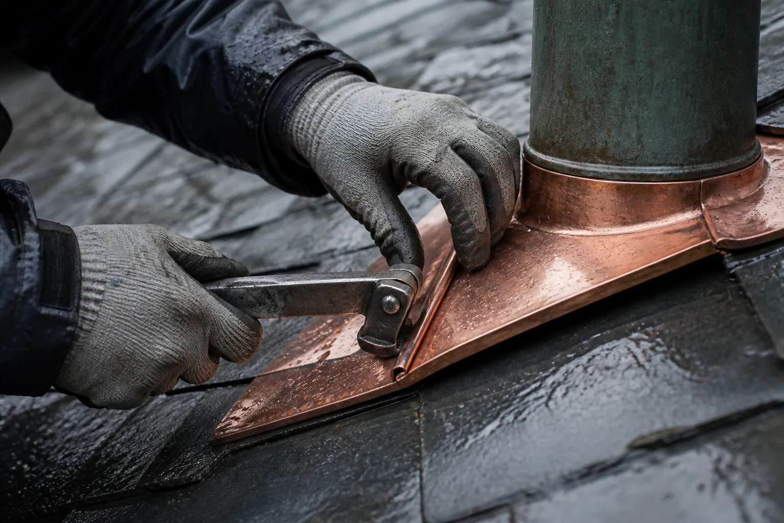 Handwerkliche Kupfereinfassung an einem Dachanschluss